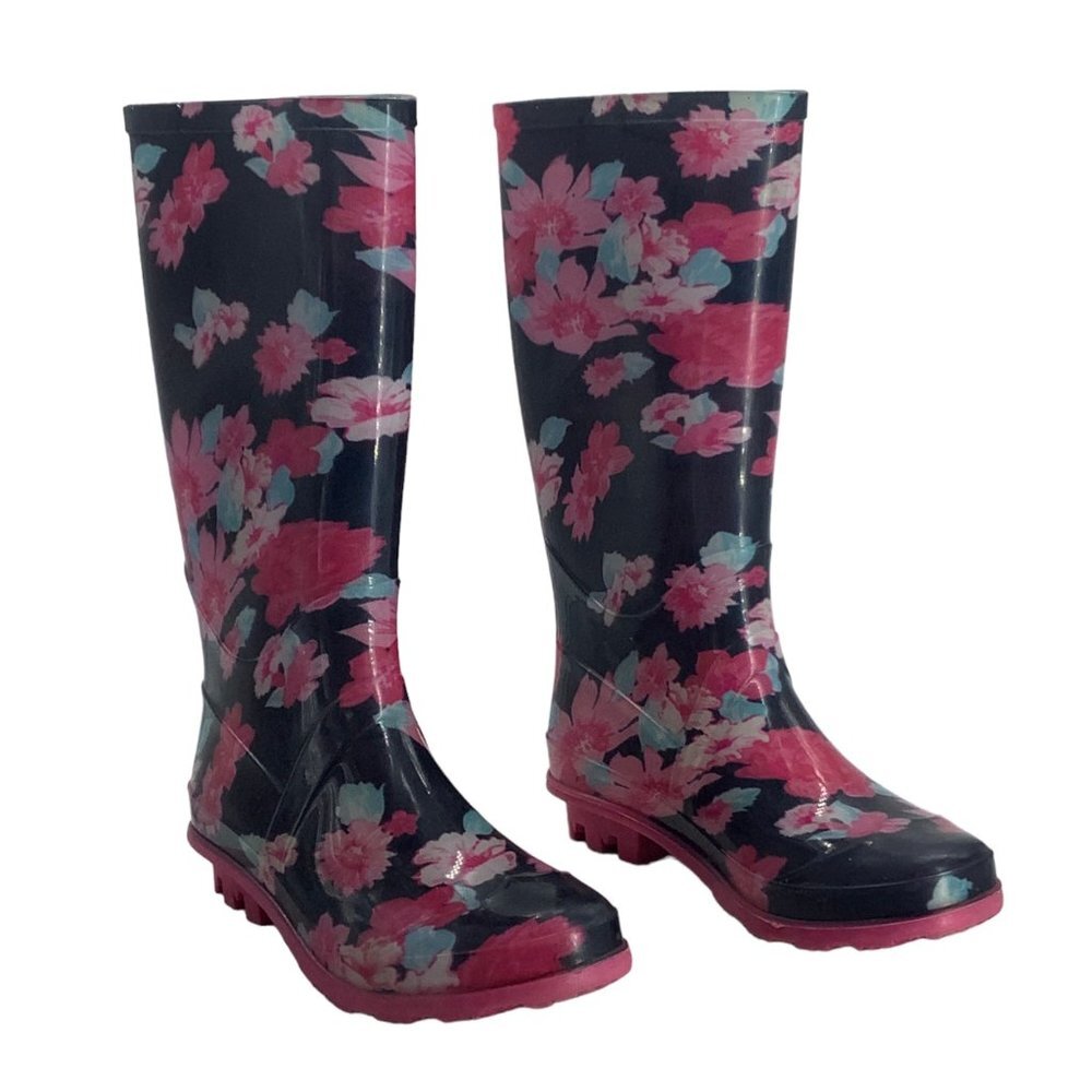 Rugged Outback Floral Rain Garden Boots Girl Size 1‎ Pink Flowers Blue Knee High